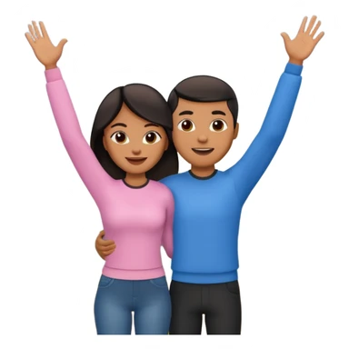 A 3D cartoon couple on top of a hill raising hands in victory, sunny sky and nature background, Memoji-style. inside photo frame. sticker