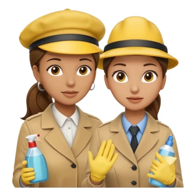 A cleaning Lady with Brown hair, high ponytail and yellow cleaning gloths is Talking to a Detektive with beige had, a beige coap and he is interviewing the cleaning Lady sticker