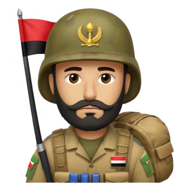 A very tired and sad, swarthy Iraqi soldier with a beard, an Iraqi flag on his helmet, a sad expression and bags under his eyes sticker