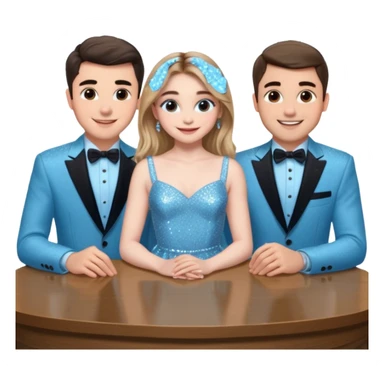 Sabrina carpenter in a light blue sparkly dress at a table with 3 handsome men, and she is standing up reaching over  sticker