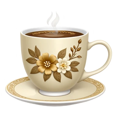 Cinematic Realistic sophisticated cup filled with khaki coffee with flower ornament sticker