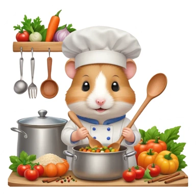 A cute hamster wearing a chef's hat, stirring a pot of colorful plov with a wooden spoon in a cozy kitchen, surrounded by vegetables and spices, smiling happily. sticker