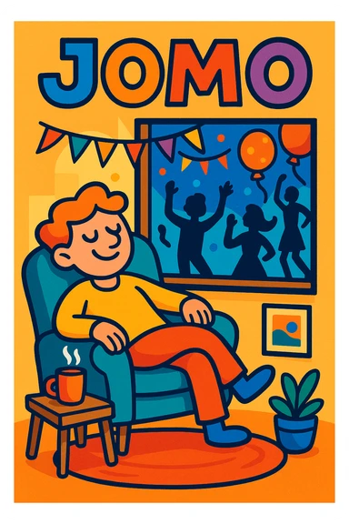 JOMO (joy of missing out) as a whimsical illustration, with a smiling character lounging at home while a party happens outside the window, vibrant toon style sticker