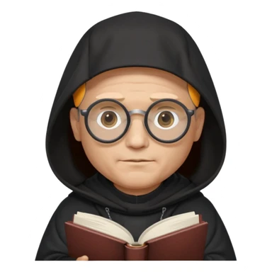 Monk priest prayer black habit with hood round black glasses done light brown wavy hair under hood remove the medallion smaller more round glassed age 46 no necklace more oval face hand holding book that says RB 480 top left is great add a little hair brown gray under hood  sticker