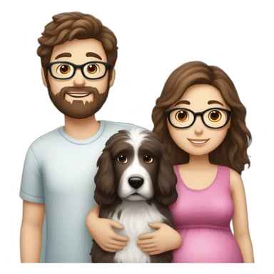 Pregnant girl with half long brown hair with glasses, a boy with long beard, glasses and short hair and english sheepdog sticker