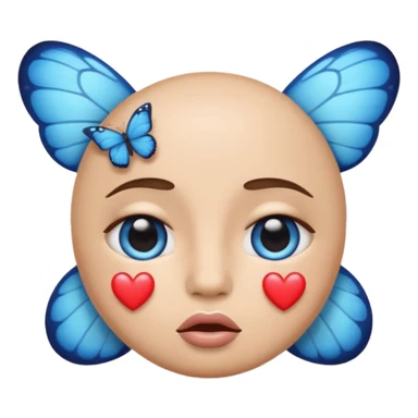 An emoji with large, pleading eyes, a pouting expression, making a peace sign gesture, with a blue butterfly above its head and small blue hearts near its temples sticker