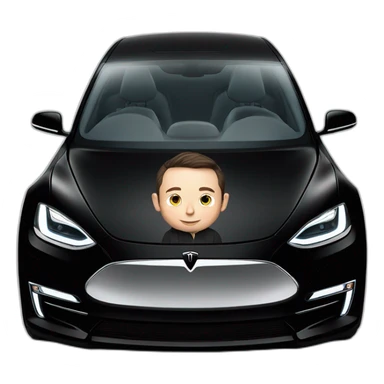 small photo-realistic Elon Musk inside an all black Tesla Model 3, front view sticker