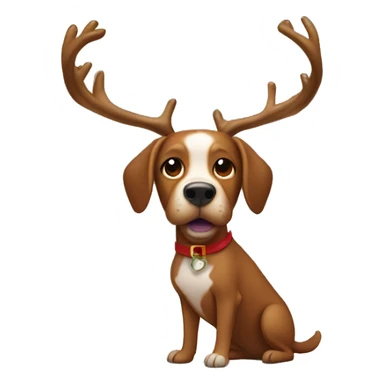 Brown dog carries antlers for Christmas and in the background is a Christmas tree sticker