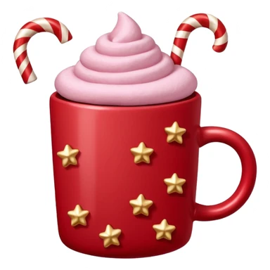 hot chocolate with pastel pink marshmallows in red christmas mug with stars and candy cane, trendy aesthetic sticker