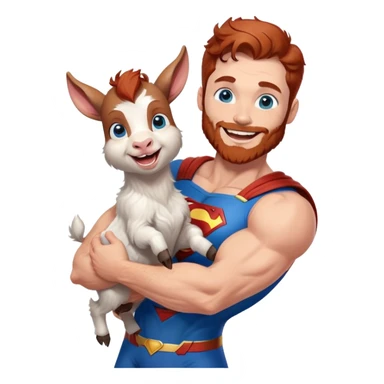 Full body Adult Superman Blue Eyes Scruffy Redish hair and redish trimmed Beard Muscle happy holding a happy laughing blue small goat  sticker