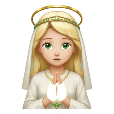 Blonde girl in white closed dress with green eyes praying. The holy halo is behind her, she is enveloped by a golden glow sticker