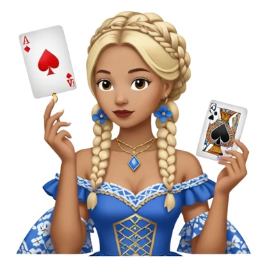 A blonde woman with african style braided hair, holding a queen of spades playing card in her hand. She is wearing a blue dress with white flower patterns. sticker