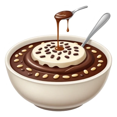 realistic emoji of champorado, showing a bowl with rich chocolate porridge, visible rice grains, and a drizzle of condensed milk, photorealistic details sticker