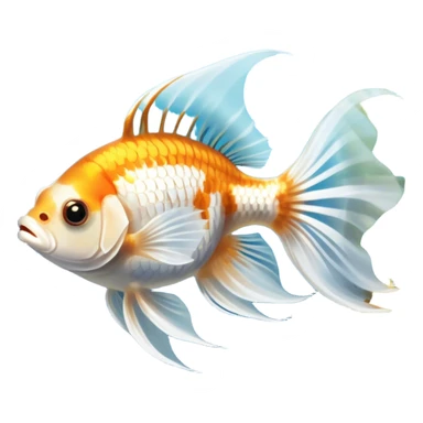 Large aquarium fish like veil tails and lionhead goldfish swimming gracefully in a beautifully decorated aquarium. Colorful aquatic plants, smooth rocks, and gentle bubbles surround the fish. The water shimmers in sunlight, creating a peaceful and vibrant underwater scene. Transparent background. sticker