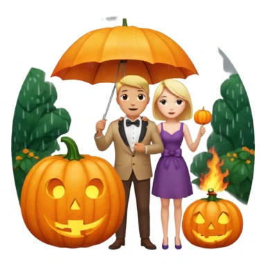 Make a guy hugging a giant pumpkin with a fork in his right hand while there's fire while there's a lady watching while it's raining while there's an umbrella on the ground that's alive and the sun has a bow tie on his neck sticker