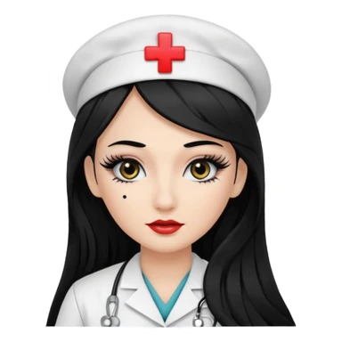 Nurse, long hair,black hair, black eyes, false eyelashes, makeup, eyeliner,  sticker
