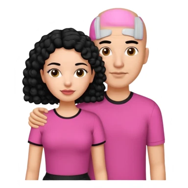 A picture if a couple. the man is a Mexican man with  black hair, a bald hair cut and black shirt on. the woman is mixed with black and white, with curly shoulder length hair and a pink shirt on sticker