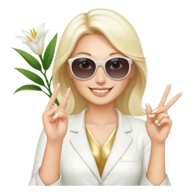 Professional sexy woman smiling holding lilies posing in shades  and flashing peace sign fingers sticker