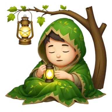sleepy forest character wrapped in leaf blanket holding glowing lantern half asleep sticker