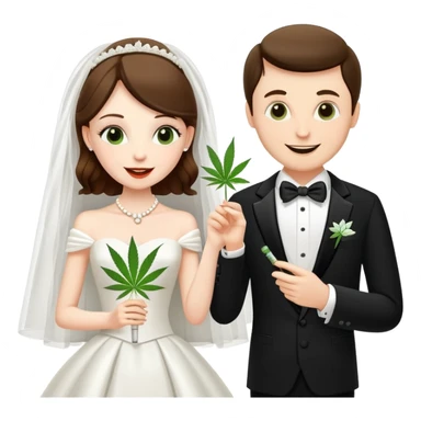Bride in white dress and groom in tuxedo sharing a cannabis joint, cheerful cartoon wedding couple sticker