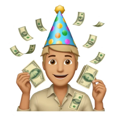 a man celebrating with money flying around him, symbolizing making $5000 sticker