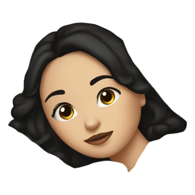 white girl with short black hair laying in a big bed with a beige comforter  sticker