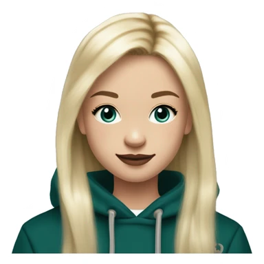 14 year old with long light blonde hair, middle part, chin length curtain bangs, smirking smile, dark teal eyes, long black eyelashes, wears a mulberry hoodie, black leggings, mulberry converse, black pearl earrings, wears a silver cancer sign necklace. sticker