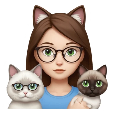O fata cu parul saten cu ochii griji-albastrii ,ochelari și codițe de pisica ..și langa o pisicuță alba pufoasa ,cu ochii verzi și o a doua pisica siameza pufoasa cu capul maro -negru și coada ,restul corpului un maro deschis spre alb  , ochii albaștrii  sticker