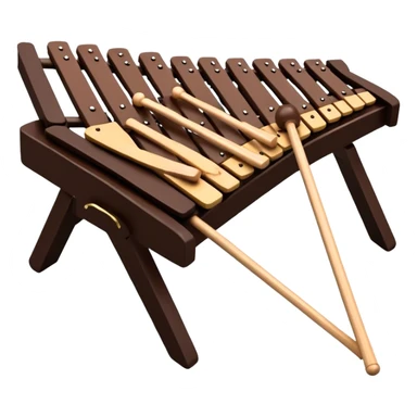 Create a detailed and professional emoji representing a Fleet FLT-SX37 orchestral wooden xylophone. The design should showcase the large, wooden bars of the xylophone arranged in a traditional layout, with a polished, smooth finish. The bars should be dark brown or mahogany, with soft metallic reflections on the resonators underneath. Include two mallets with rubber or wooden heads resting on the bars, emphasizing their role in striking the notes. The xylophone should have a sophisticated and professional appearance, with clean lines and a polished look. Add subtle musical notes or sound waves to represent the vibrant sound produced by the instrument. The background should be transparent. sticker