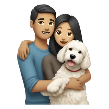 asian couple with straight hair hugging with a big white goldendoodle sticker