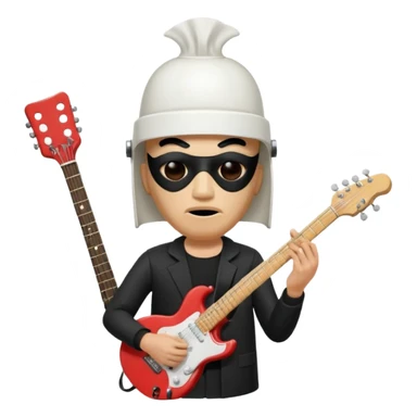 guitarist wearing a white bucket on his head, with two eye holes, a blank expression, and a small theatrical mask on the bucket. He’s holding an electric guitar, dressed in a simple black outfit, giving off a mysterious but playful rock legend vibe, kfc bucket on his head sticker