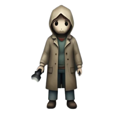 An icon depicting a dark, foggy street with eerie, abandoned buildings, inspired by Silent Hill 2. The design features a mysterious figure holding a flashlight, casting long shadows. A chilling atmosphere is created by dim lighting and unsettling details. Transparent background. sticker