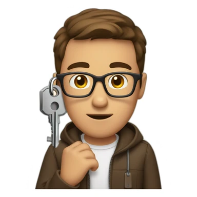 brown-short-haired man with glasses, struggling to fit a key into a lock door sticker