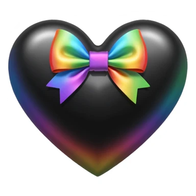 glossy black heart with a rainbow bow and heart pattern on the bow, in a rounded heart shape sticker