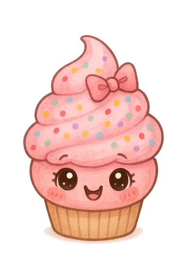 a cute pink cupcake with sprinkles and a bow, original design, big eyes, blushing cheeks, joyful sticker