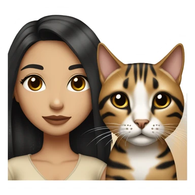 Girl with white skin, black eyes, shoulder length straight black hair, wears a beige blouse outfit, kissing a  bengal cat  sticker