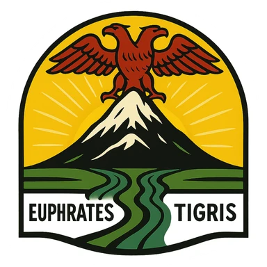 A symbolic logo depicting a snowy mountain on a mountain, a double-headed eagle with one head looking left, two rivers named Euphrates and Tigris flowing under the mountain, the sun behind, using yellow, red, and green as dominant colors. sticker