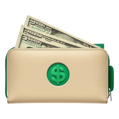 clean light beige wallet with dark green dollar bills sticking out, minimalist design, emoji style sticker