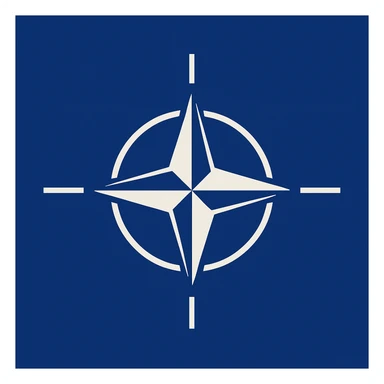 NATO flag with deep blue background and white compass rose emblem in the center, simple and iconic, flat vector style, no text sticker