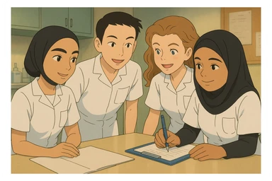 Four nursing students inspired by the four provided faces, collaborating in a care station, in Ghibli style. They wear short-sleeved white uniforms, medical tunics with V-neck and left chest pocket, no stethoscopes or clothing extending beyond sleeves. They share a moment of professional complicity, positive and caring atmosphere. sticker