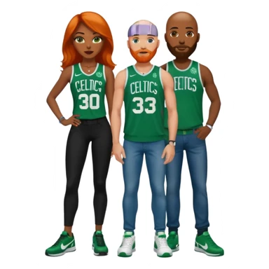 Bald white man with blue eyes, an orange beard, a Jason Tatum jersey, jeans and green/white Nike sneakers. 

48-year-old dark skin black woman with brown eyes, long dark brown hair dressed in sexy Boston celtics outfit & wearing stilettos. sticker