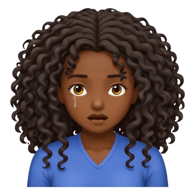 Beautiful dark skinned girl stressed breaking off long curly hair sticker