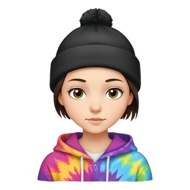 shaved haired brunette girl with a black beanie on and a tiedye hoodie sticker