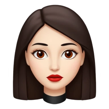 A woman emoji with fair skin, long straight dark brown hair parted in the middle, an oval-shaped face, arched dark eyebrows, almond-shaped brown eyes, a small nose, and full lips colored with red lipstick. sticker