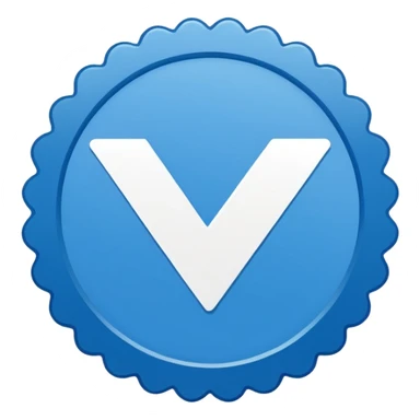 Flat blue verification badge emoji, scalloped circular shape, bold white checkmark in center, clean vector style, no text, no gradient, transparent background, emoji icon. sticker