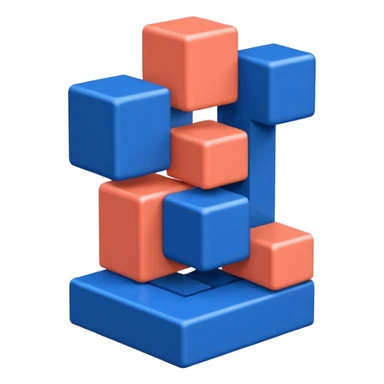 Modern minimal emoji: building blocks + connection flows + gear. Deep blue and coral colors. Professional no-code expert signature. Geometric clean style. sticker