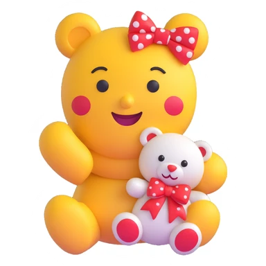 3D smiley emoji with big eyelashes, red polka dot bow, winking and holding a plush teddy bear sticker