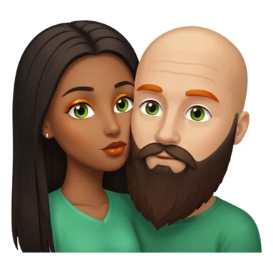 Brown eyed ebony black woman with brown eyes and long balayage brown/black hair.  She is kissing bald white man. The White man is 47yrs old, pale, he has green eyes has orange facial hair and long beard  sticker