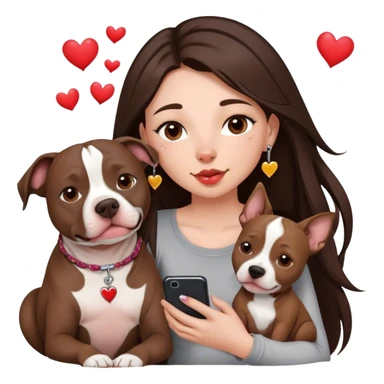 Young girl with long dark brown layered hair hair sits with her one dog who is a pretty girl pitbull with her cell phone in her hand in a small septum ring in her nose was hearts flying all around her sticker