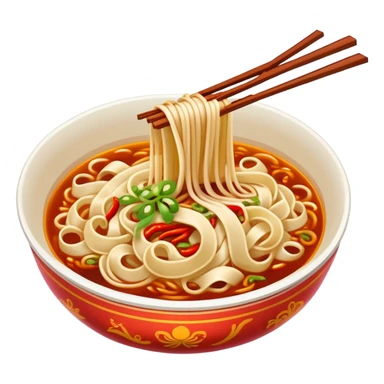 Xi'an Biangbiang noodles with extra wide belt shape and chili oil, simplified emoji style with bold outlines and bright colors, cartoon style Shaanxi specialty sticker